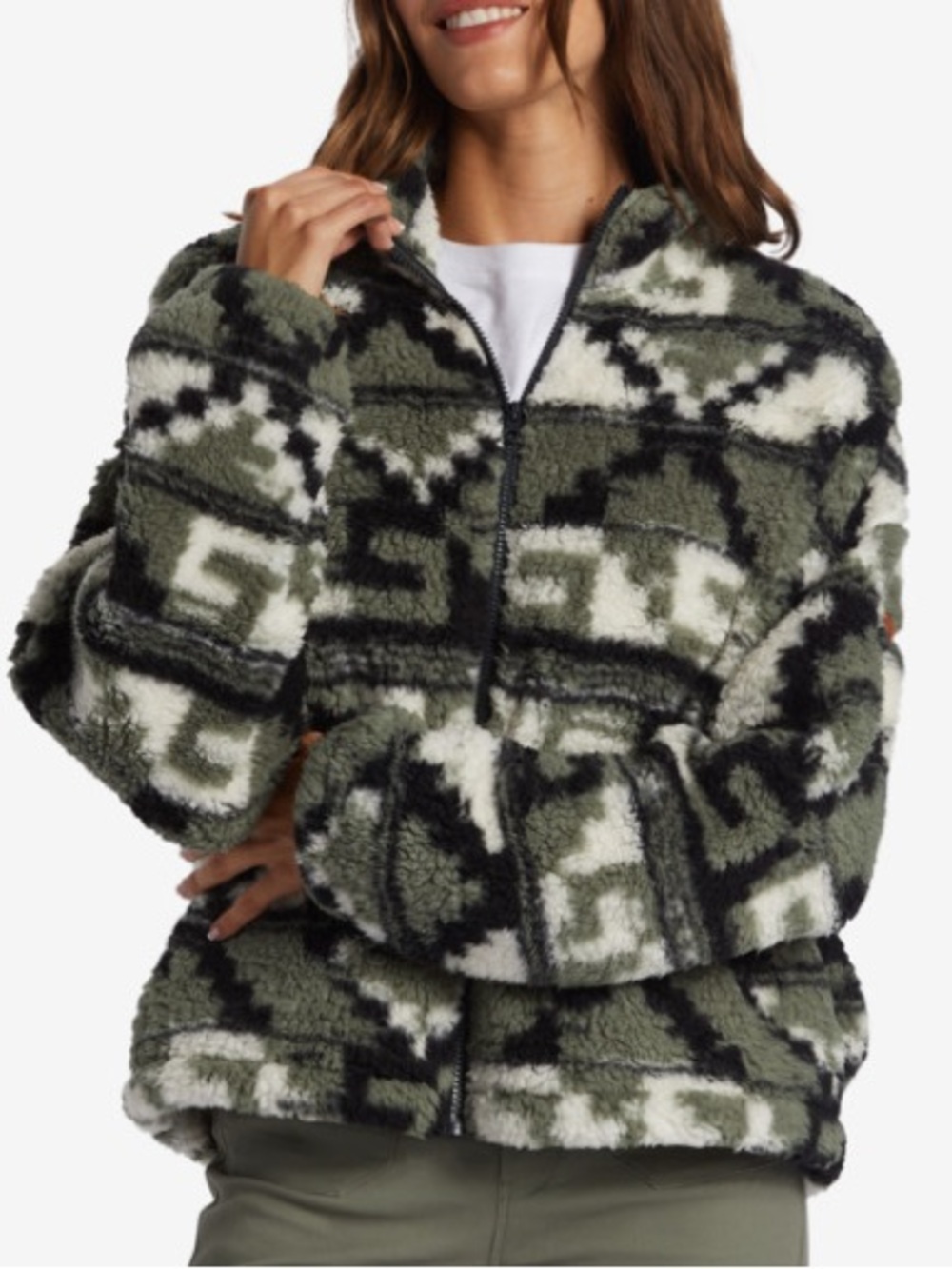 Roxy Sz Med Off The Wave Sherpa Green Fuzzy Printed Full-Zip Fleece Jacket NWT
